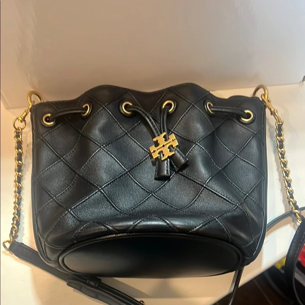 Tory Burch Black Quilted Leather Drawstring Crossbody Bag with Gold Hardware